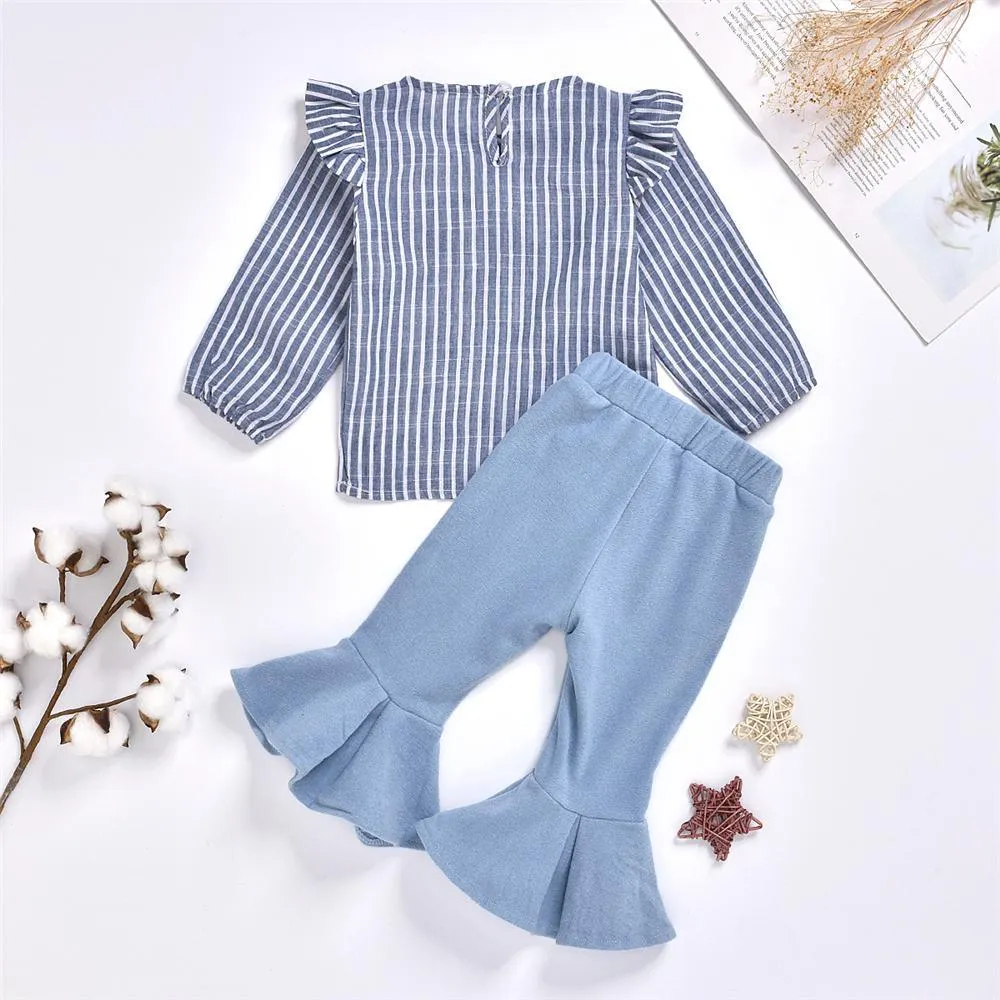 Girls Striped Ruffle Long Sleeve Blouse Bell Pants Girls Wholesale Clothes