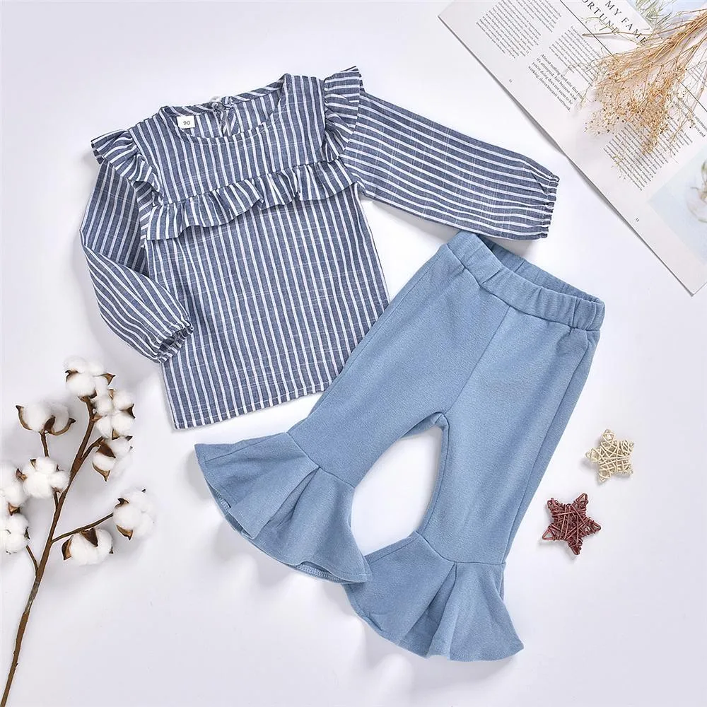 Girls Striped Ruffle Long Sleeve Blouse Bell Pants Girls Wholesale Clothes
