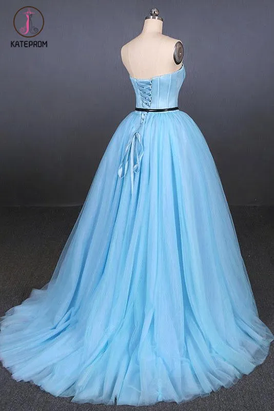 Kateprom Light Blue High Low Strapless Tulle Prom Dresses, Hi-Lo Tulle Evening Dresses KPP1094