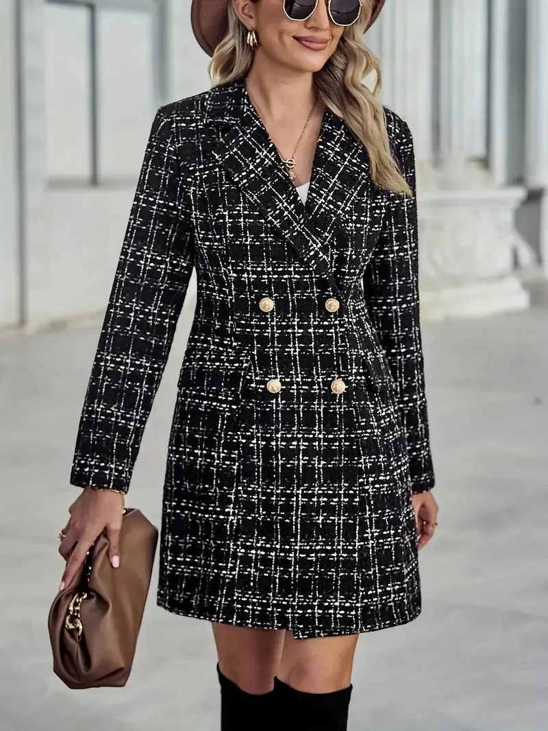 Lange blazer voor dames - Elegant geruit patroon, double-breasted, winterjas