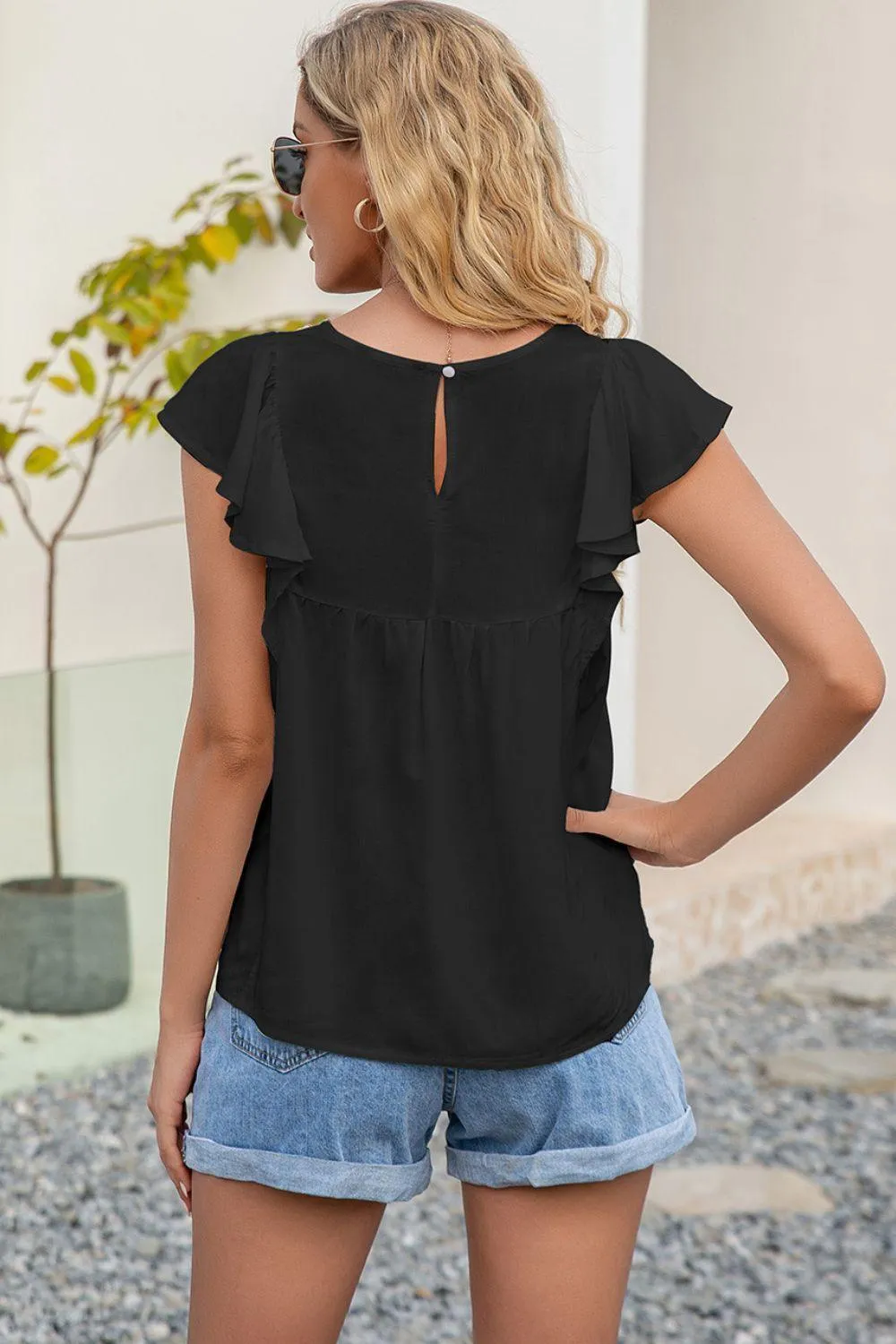 Less Stress Crew Neck Butterfly Sleeve Top