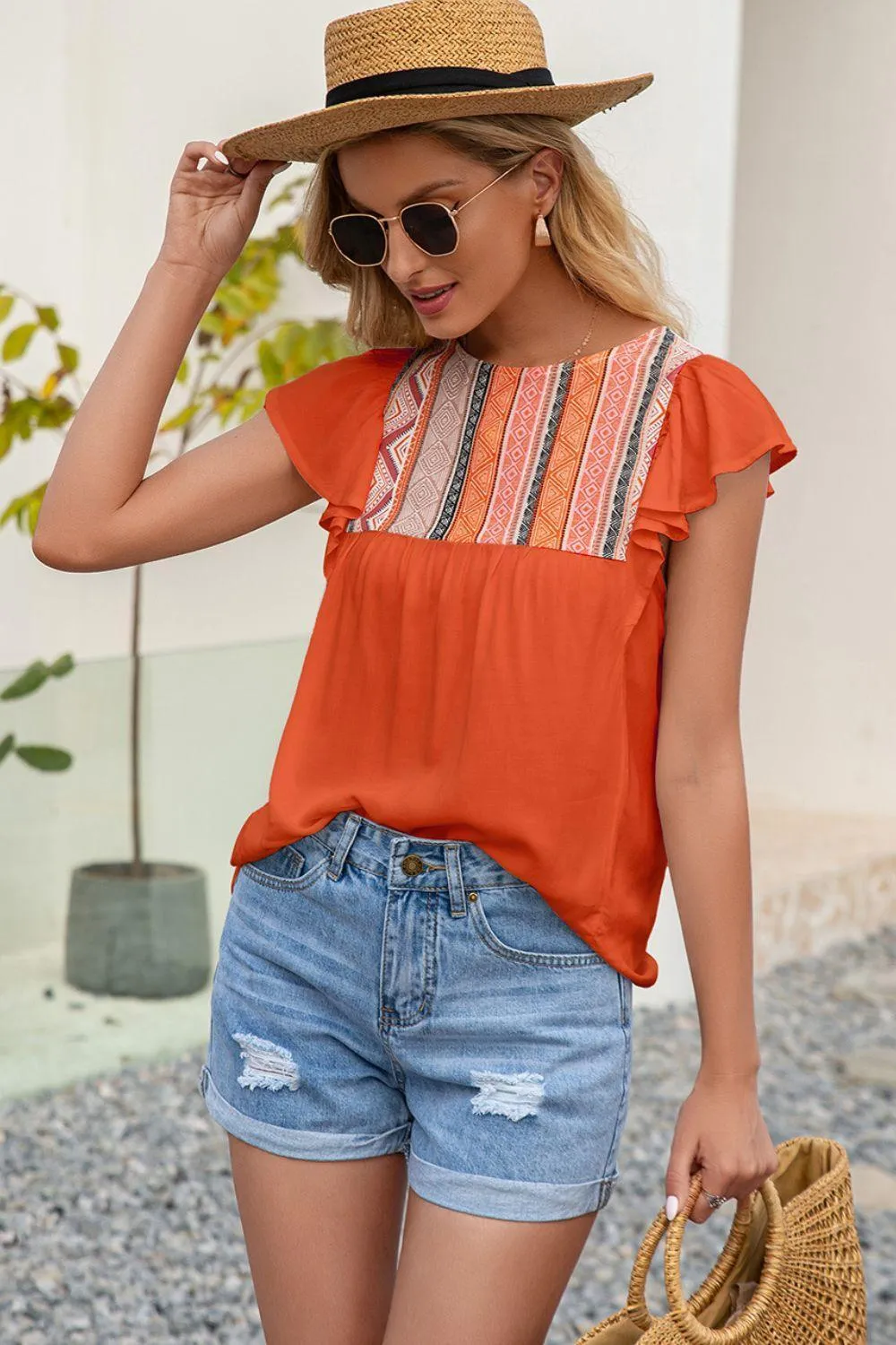 Less Stress Crew Neck Butterfly Sleeve Top