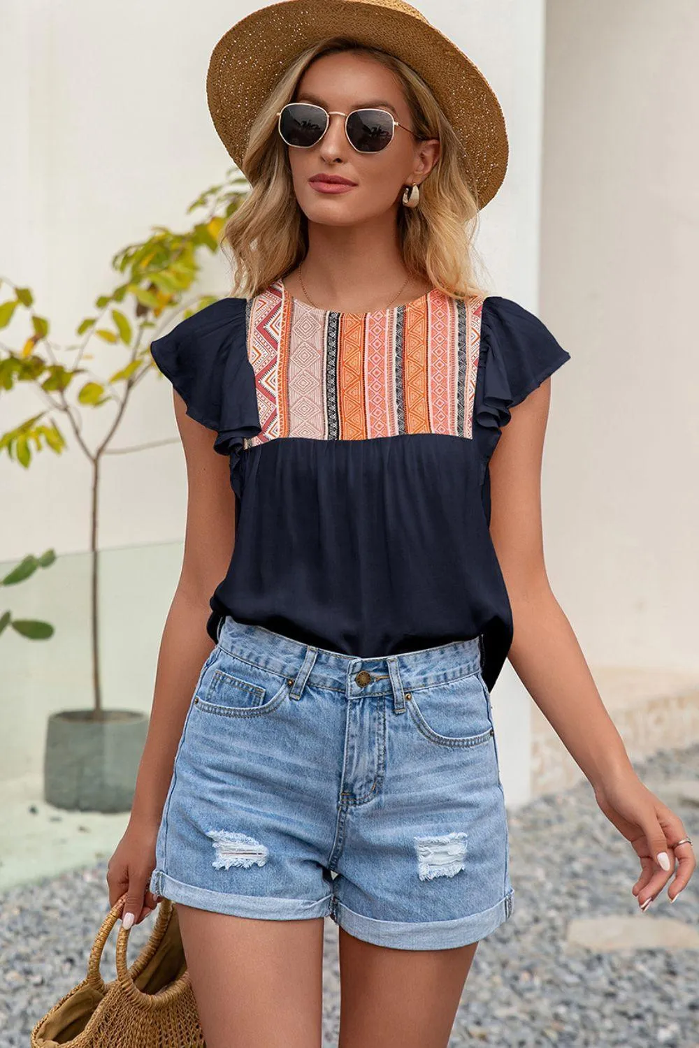 Less Stress Crew Neck Butterfly Sleeve Top