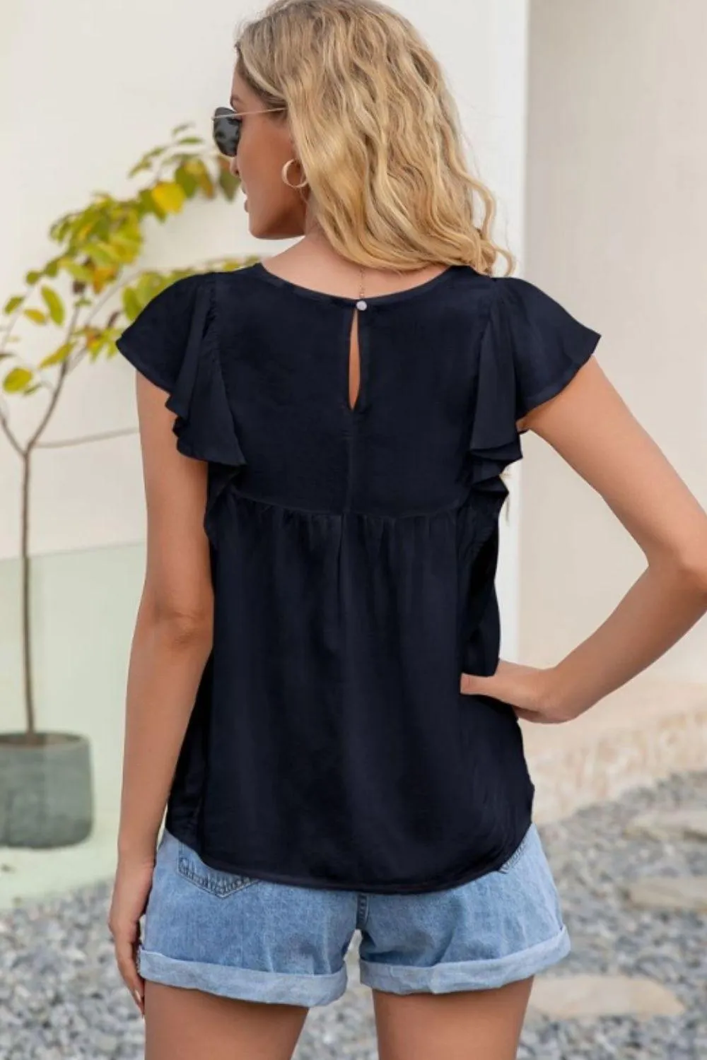 Less Stress Crew Neck Butterfly Sleeve Top