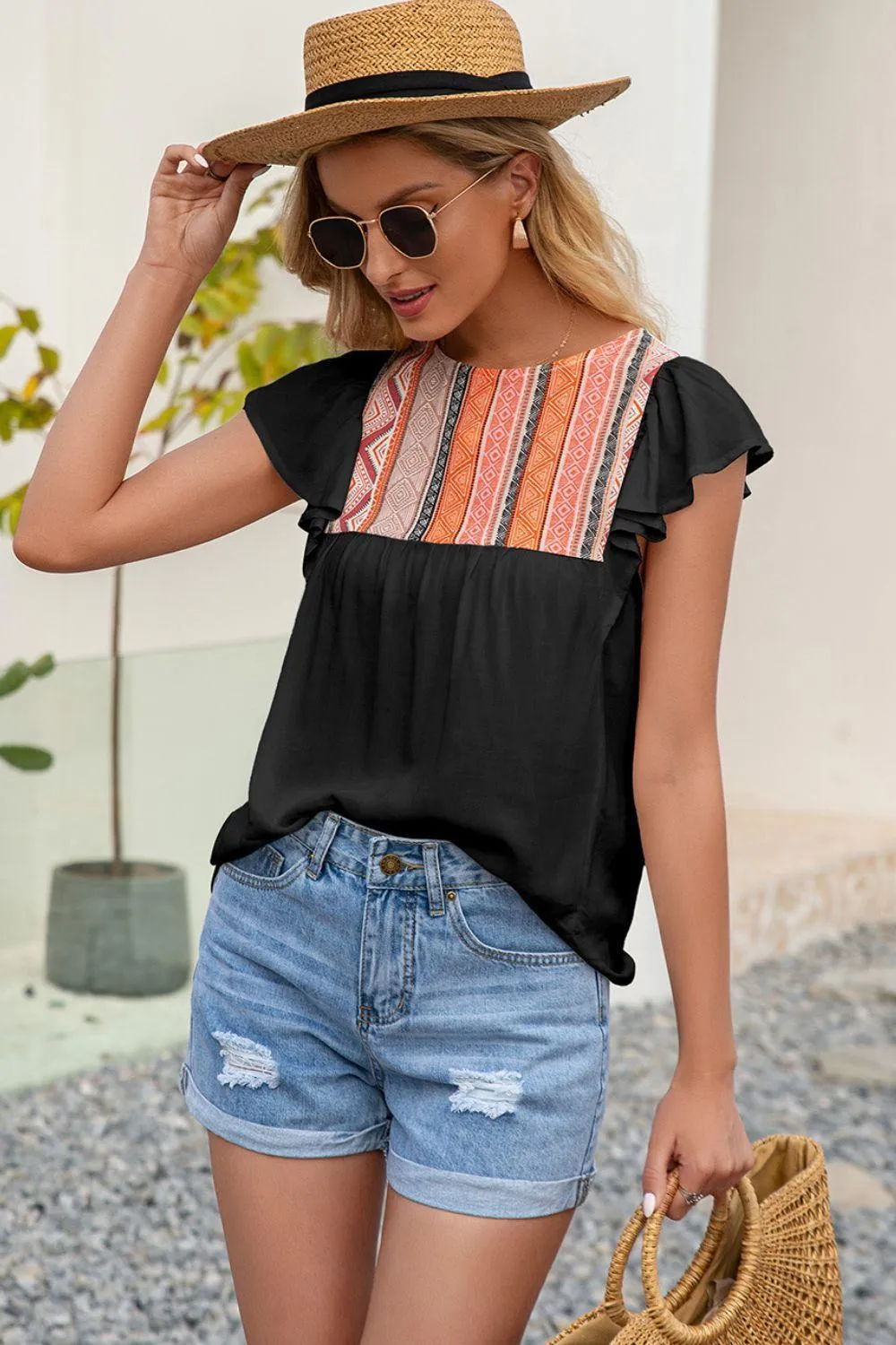 Less Stress Crew Neck Butterfly Sleeve Top