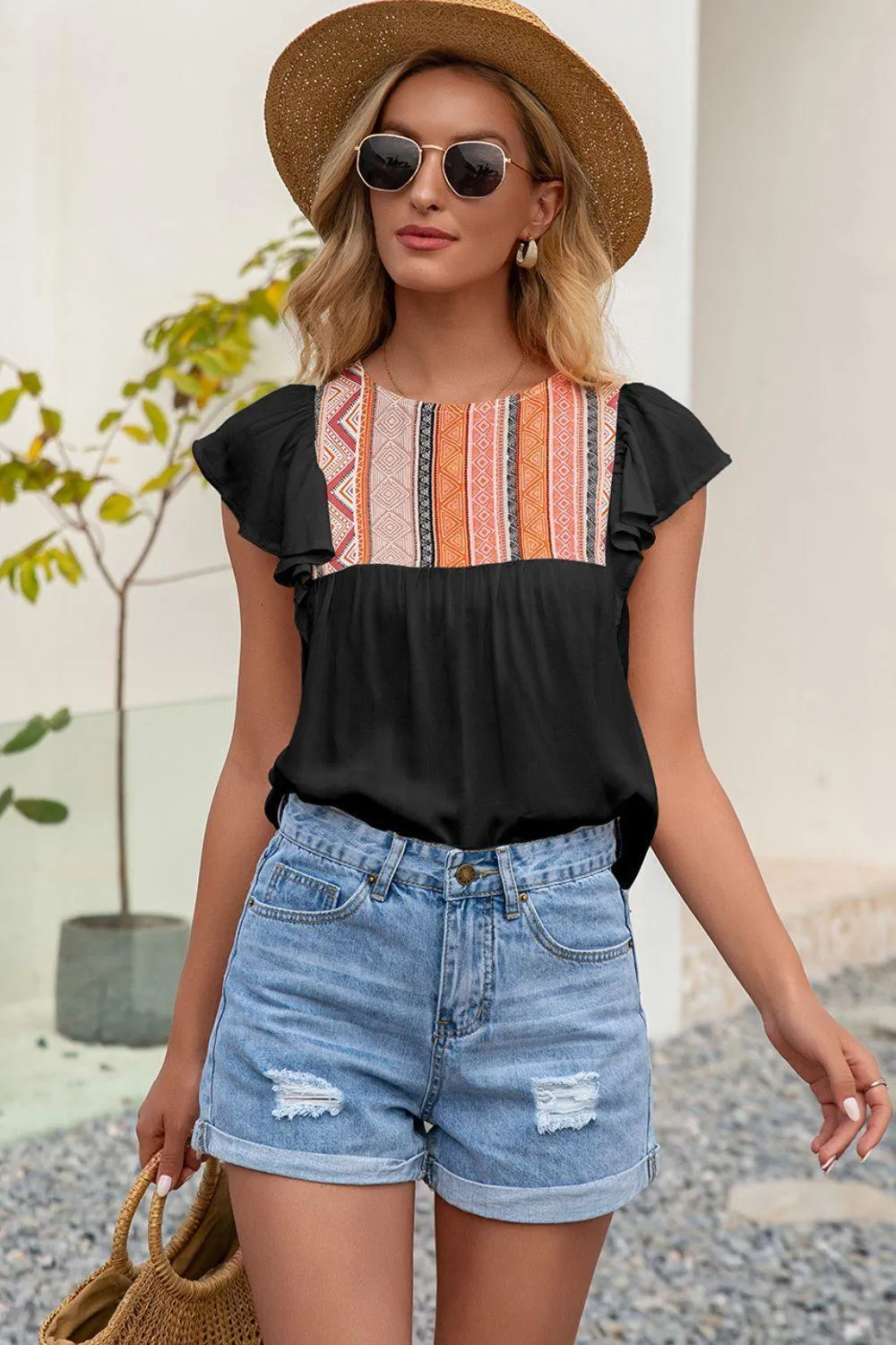 Less Stress Crew Neck Butterfly Sleeve Top