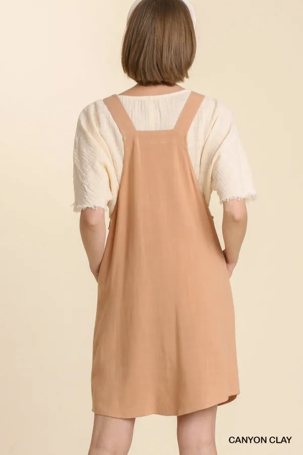 Linen Blend Button Overall Front Side Pockets Dress