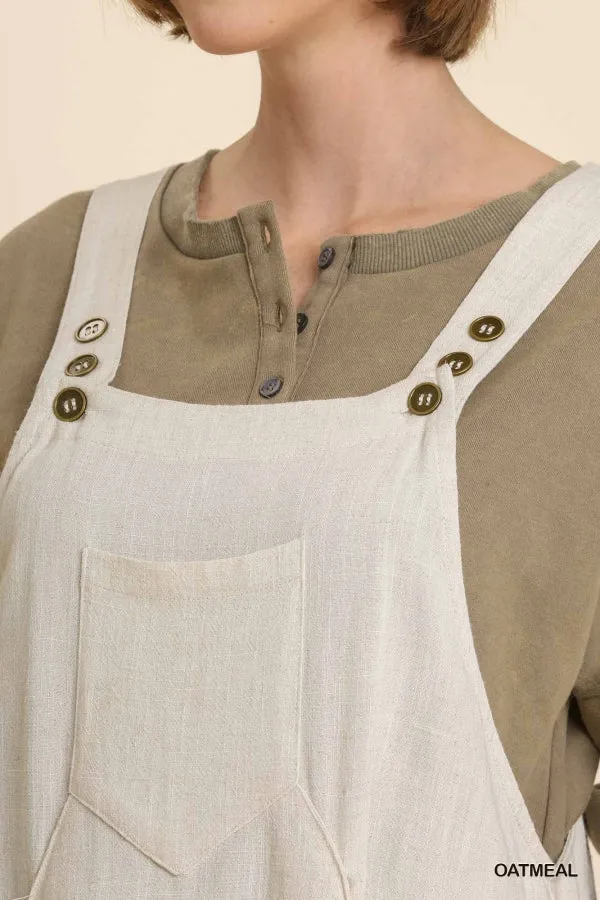 Linen Blend Button Overall Front Side Pockets Dress