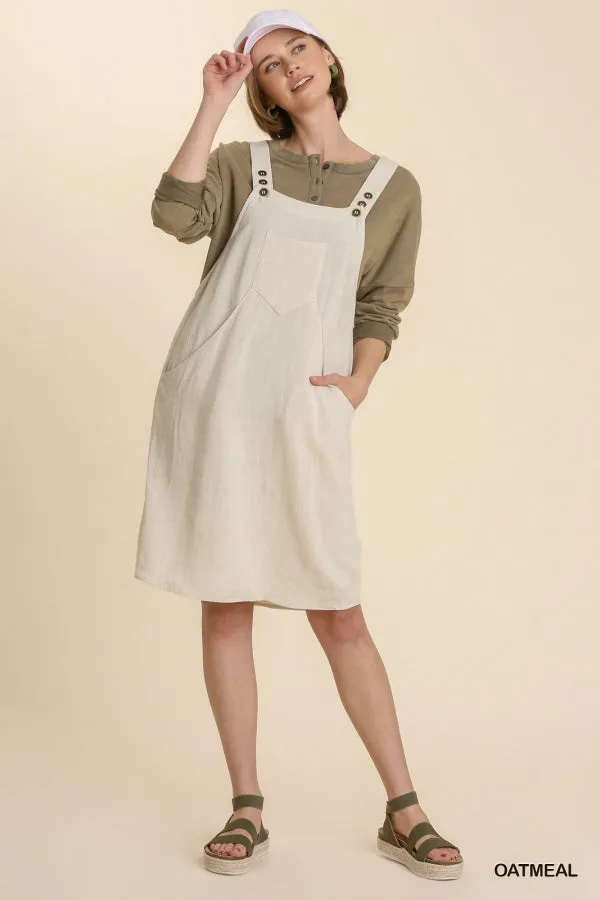 Linen Blend Button Overall Front Side Pockets Dress