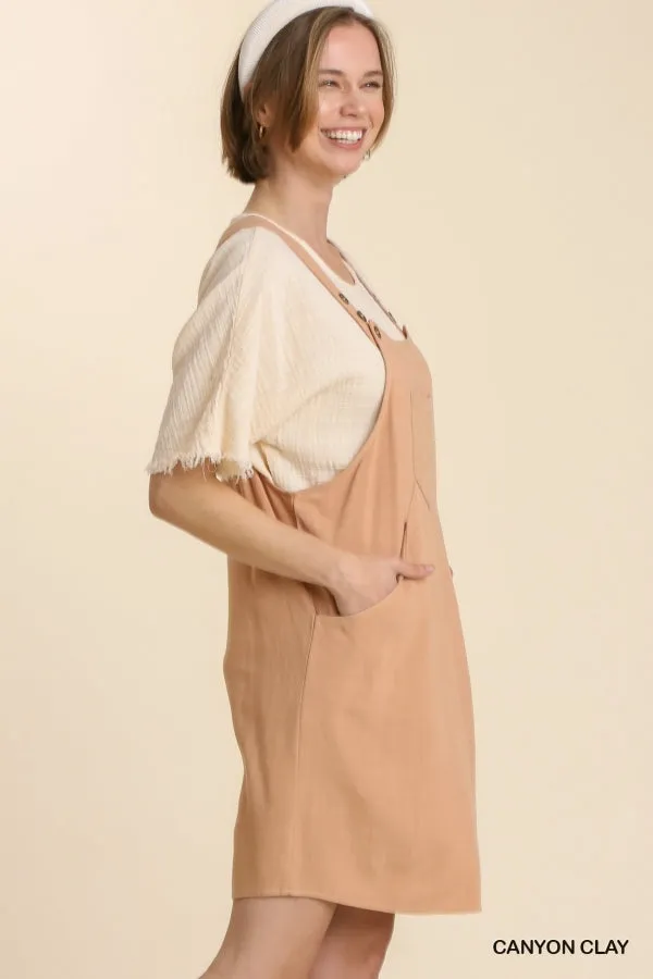 Linen Blend Button Overall Front Side Pockets Dress