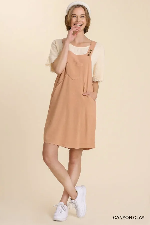 Linen Blend Button Overall Front Side Pockets Dress