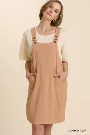 Linen Blend Button Overall Front Side Pockets Dress