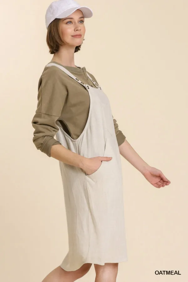 Linen Blend Button Overall Front Side Pockets Dress