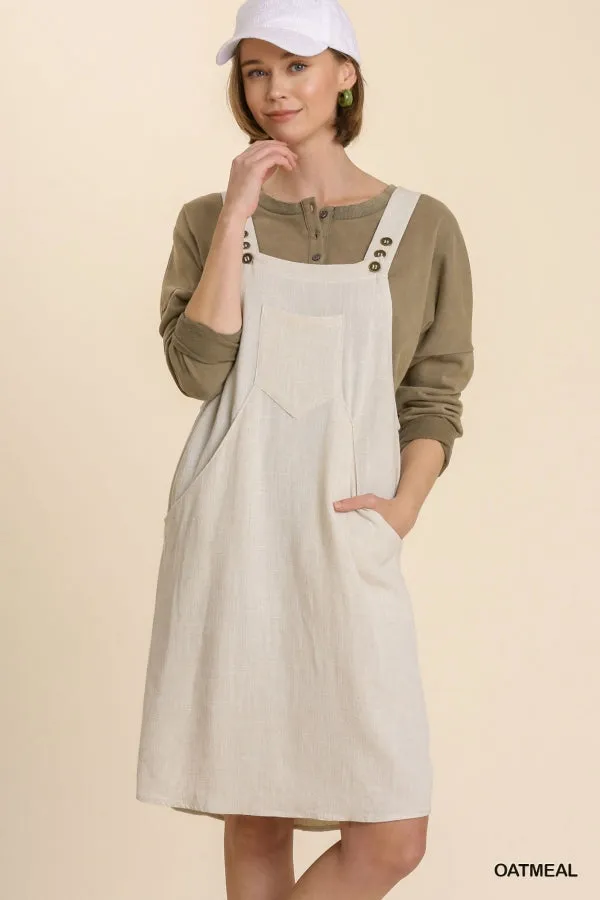 Linen Blend Button Overall Front Side Pockets Dress
