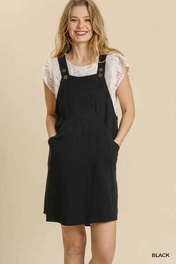Linen Blend Button Overall Front Side Pockets Dress
