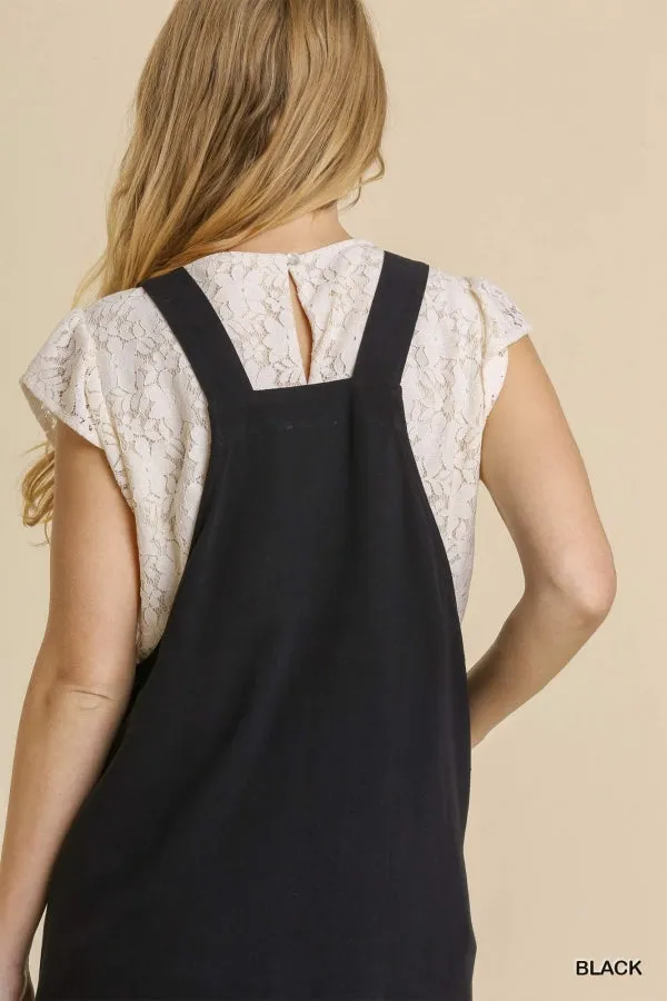 Linen Blend Button Overall Front Side Pockets Dress