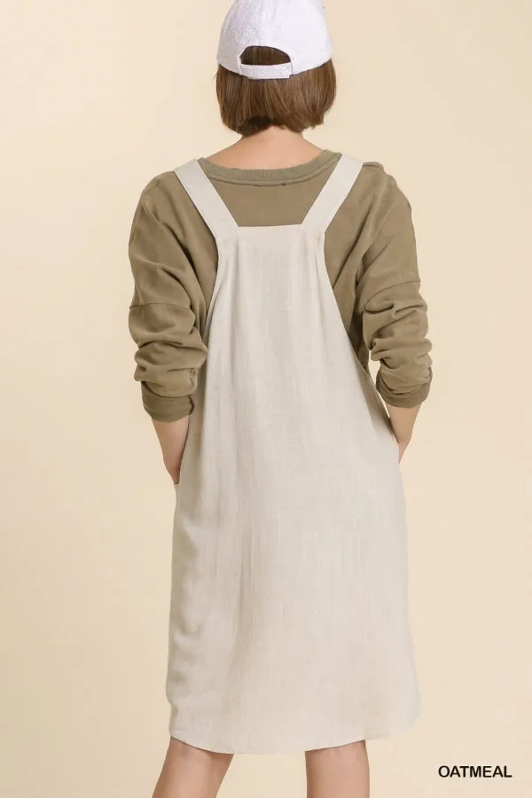 Linen Blend Button Overall Front Side Pockets Dress