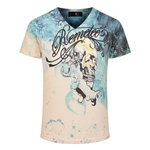 Men's Summer Unique Cool 3D Skull Printed V-neck Blue White Casual T-shirt