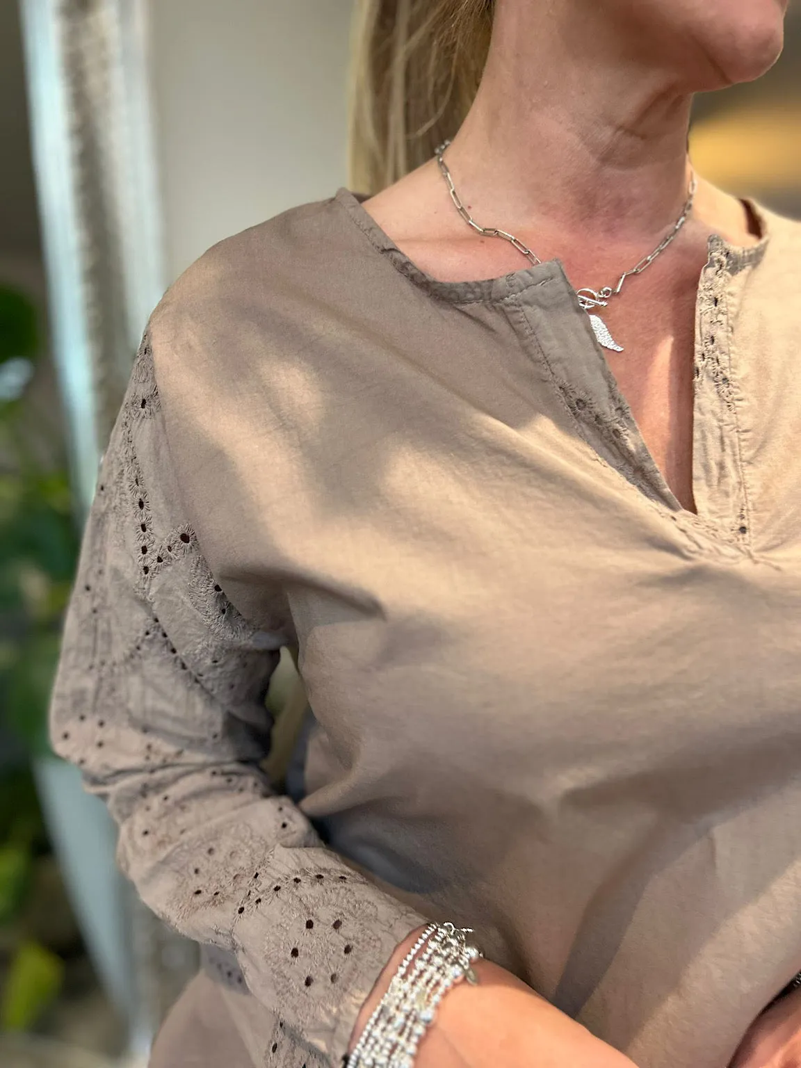 Mocha Broderie Sleeve Detail Blouse Freida