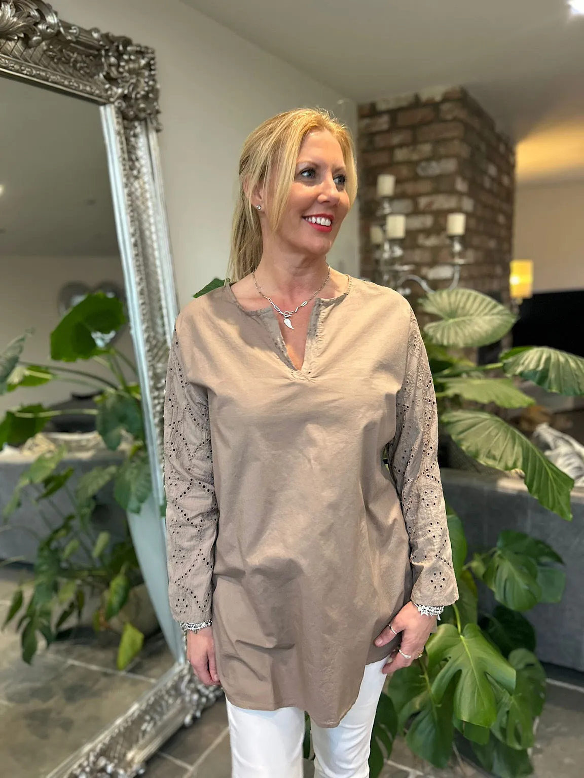 Mocha Broderie Sleeve Detail Blouse Freida