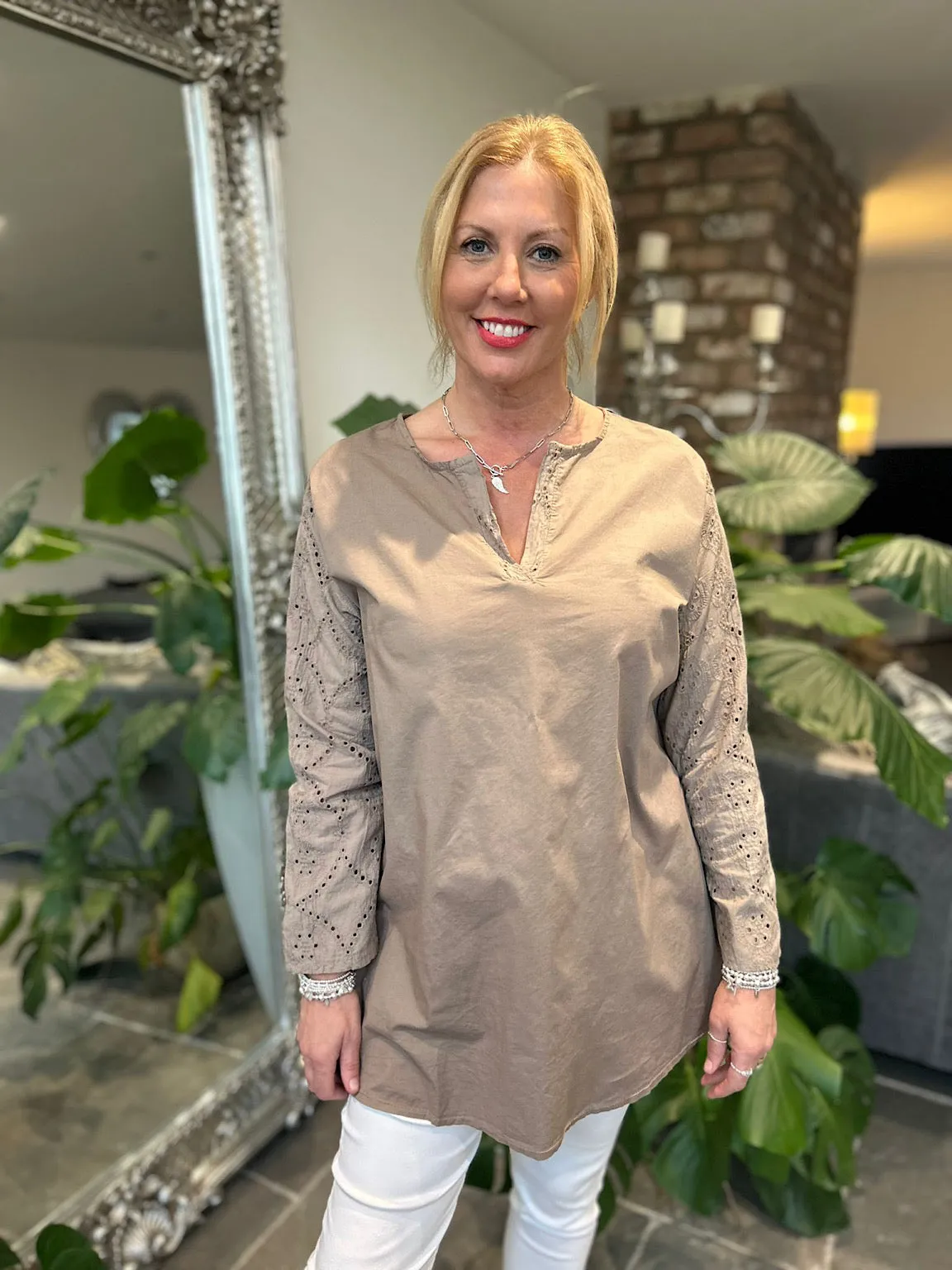 Mocha Broderie Sleeve Detail Blouse Freida