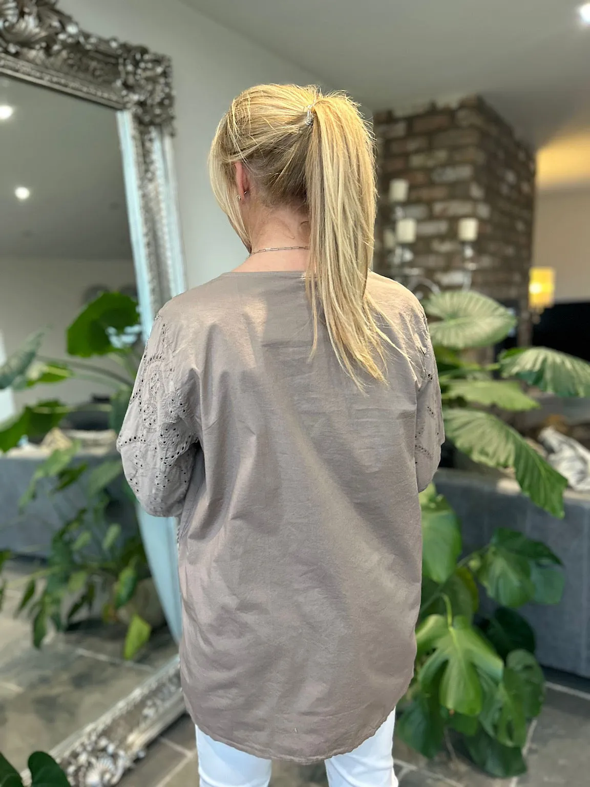 Mocha Broderie Sleeve Detail Blouse Freida