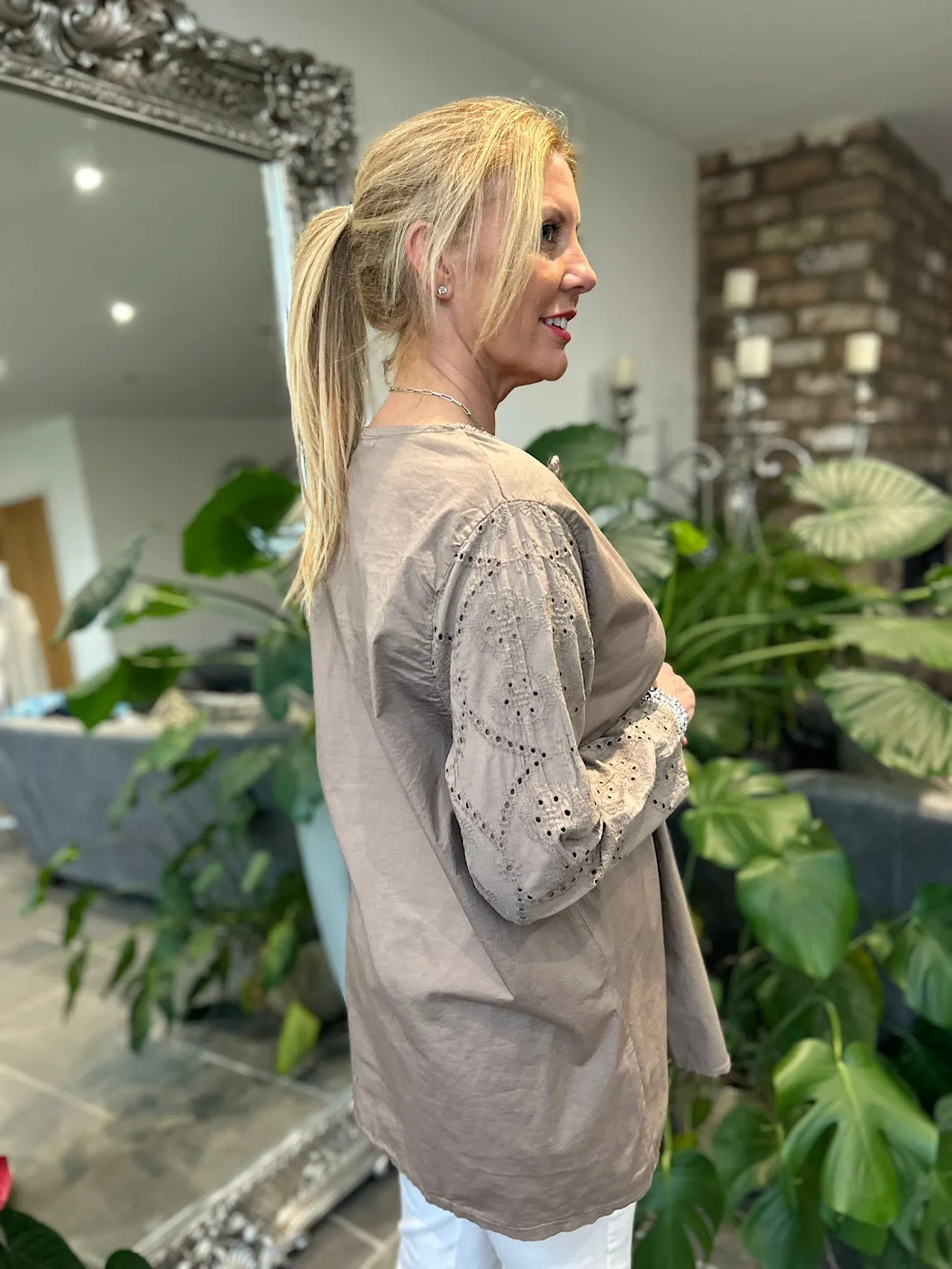 Mocha Broderie Sleeve Detail Blouse Freida