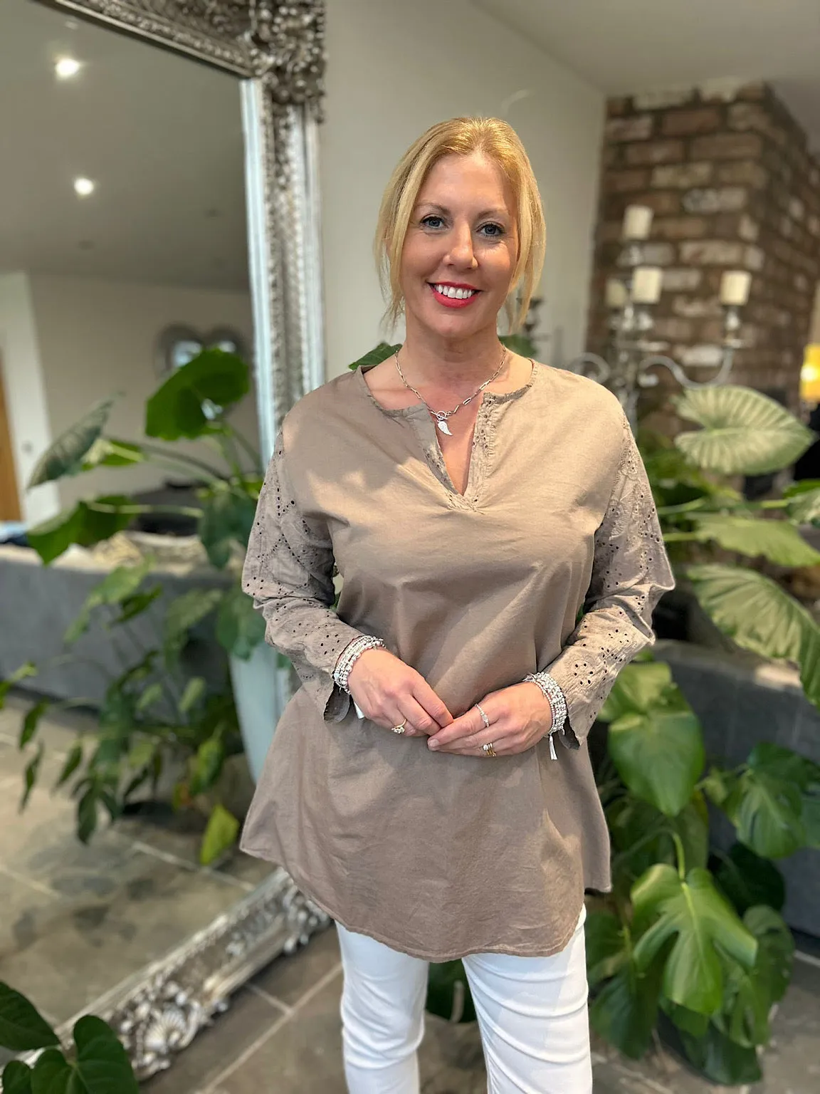 Mocha Broderie Sleeve Detail Blouse Freida