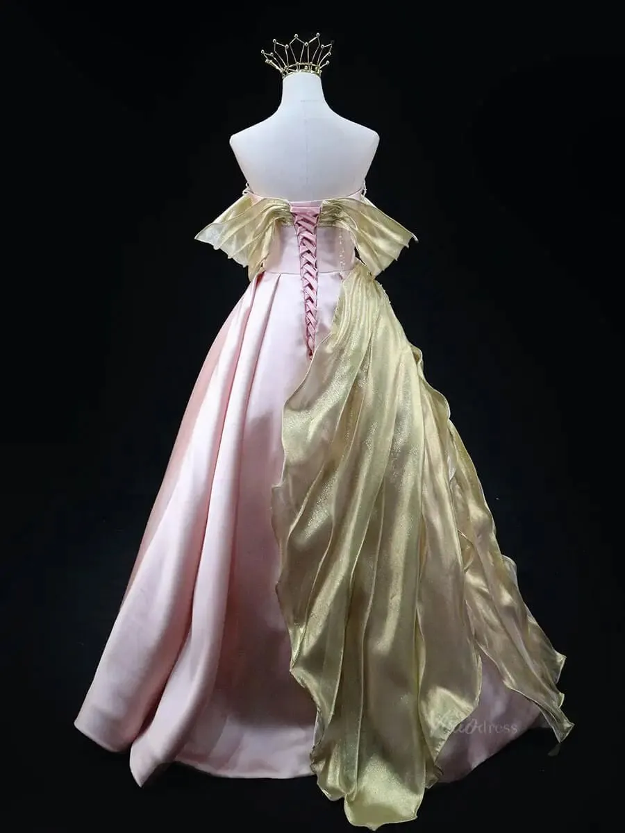 Pink Satin Prom Dresses with Overlay, Sweetheart Neck, Strapless Quinceanera Dresses SU046