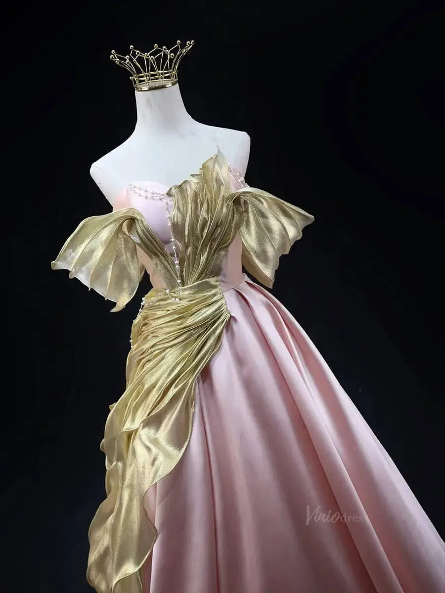 Pink Satin Prom Dresses with Overlay, Sweetheart Neck, Strapless Quinceanera Dresses SU046