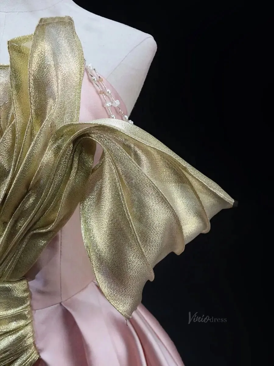 Pink Satin Prom Dresses with Overlay, Sweetheart Neck, Strapless Quinceanera Dresses SU046