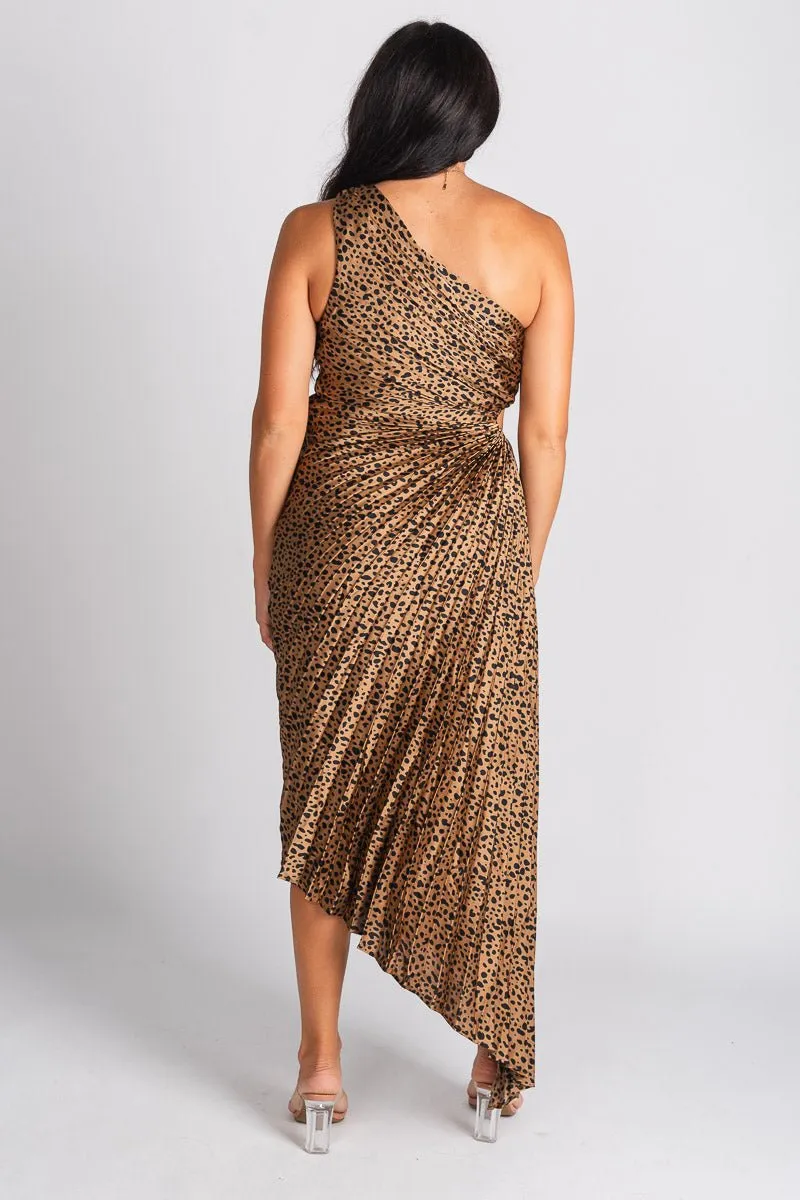 Pleated one shoulder maxi dress brown/black