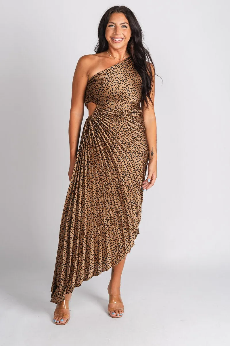 Pleated one shoulder maxi dress brown/black