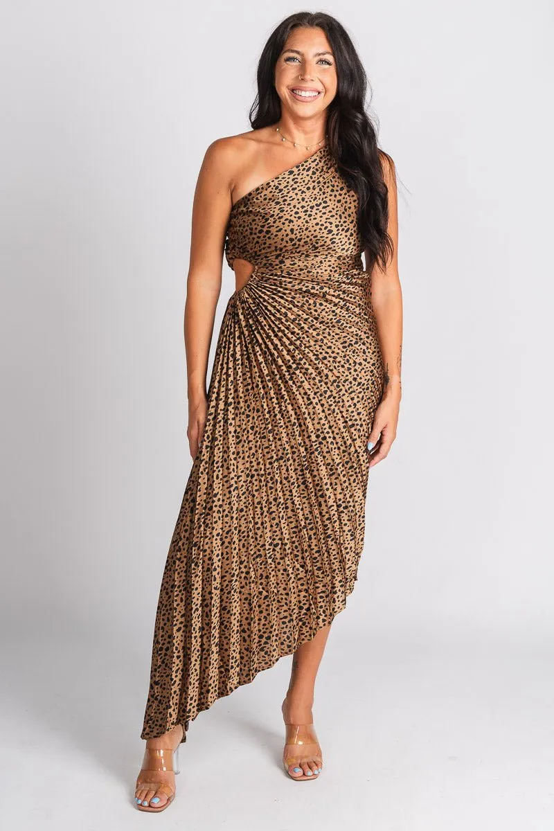 Pleated one shoulder maxi dress brown/black