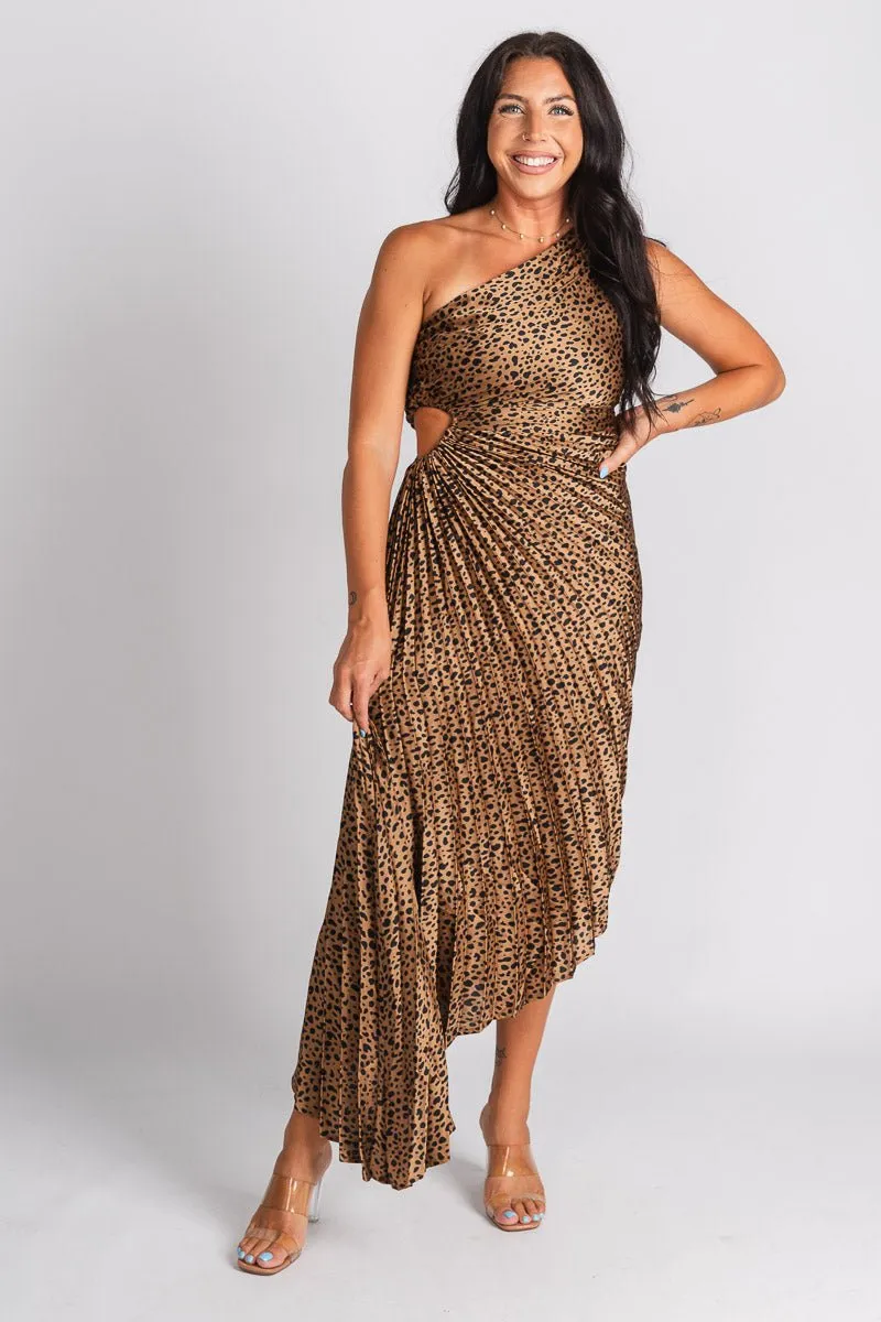 Pleated one shoulder maxi dress brown/black