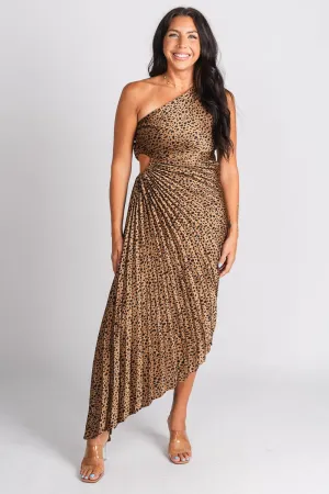 Pleated one shoulder maxi dress brown/black