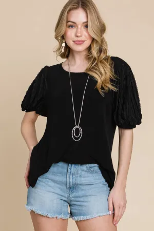 Plus Size Solid Casual Top With Contrast Sleeves: 3XL / Black