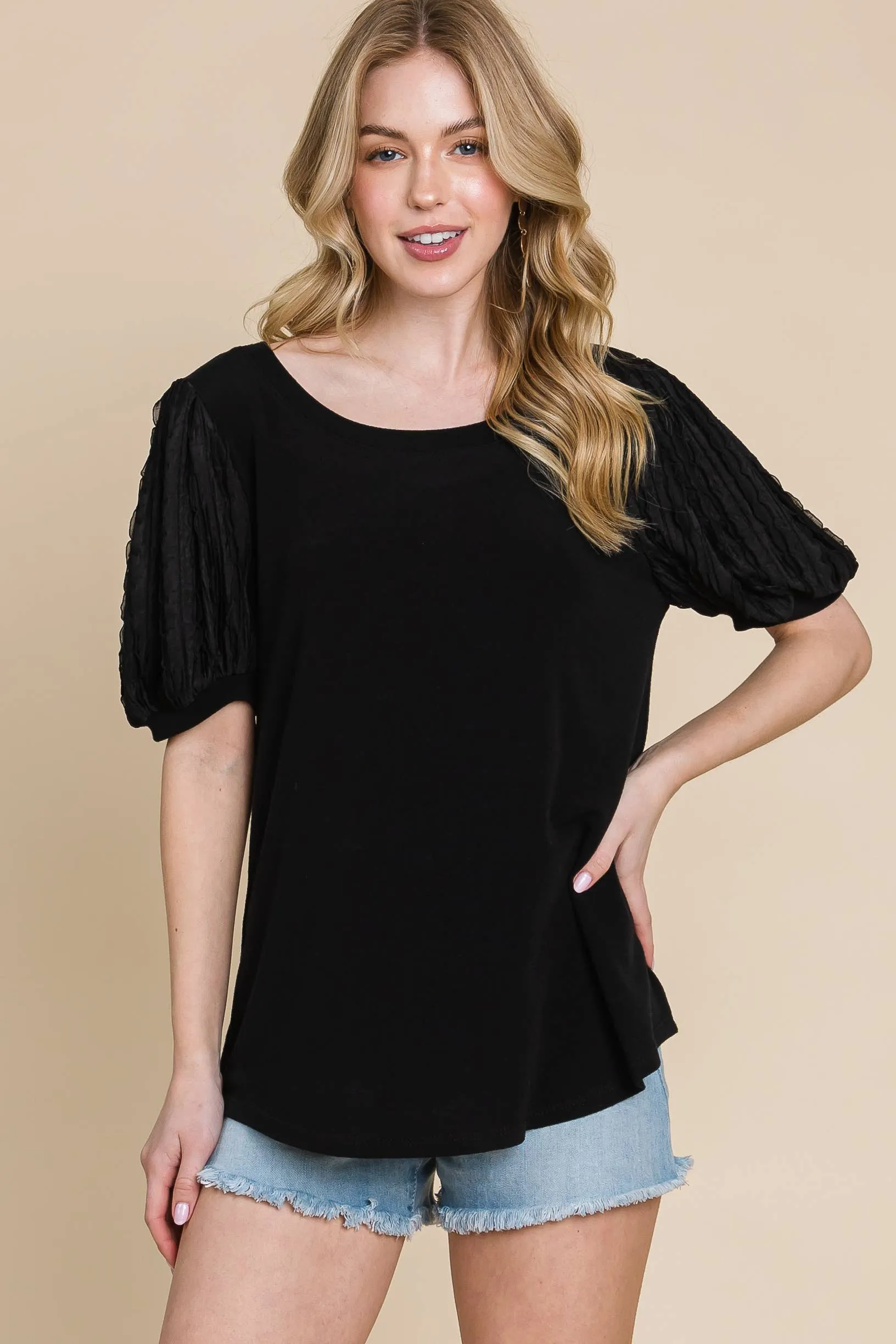 Plus Size Solid Casual Top With Contrast Sleeves: 3XL / Black