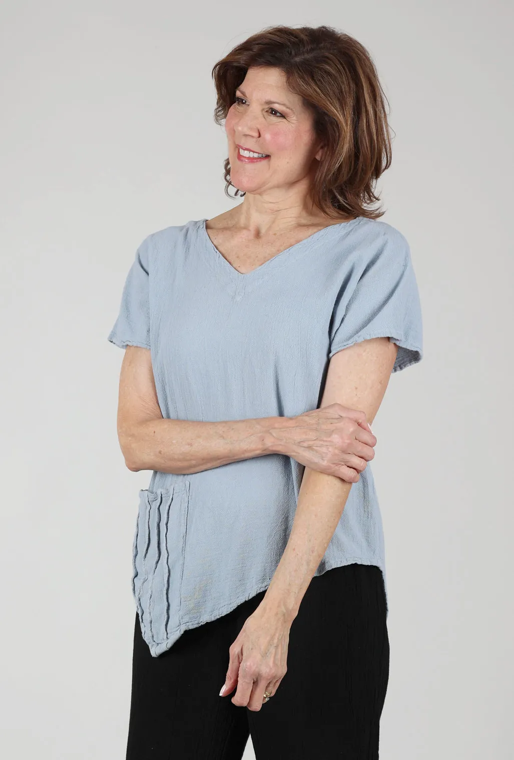 Polly Ribbed-Pocket Top, Dusty Blue