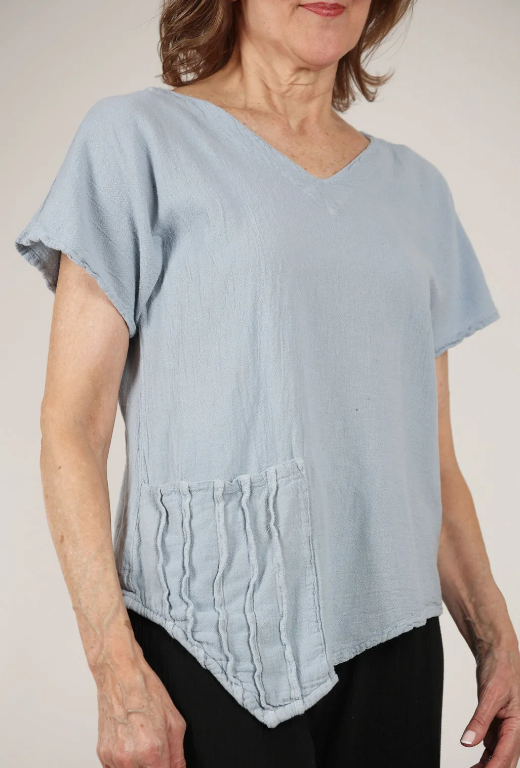 Polly Ribbed-Pocket Top, Dusty Blue