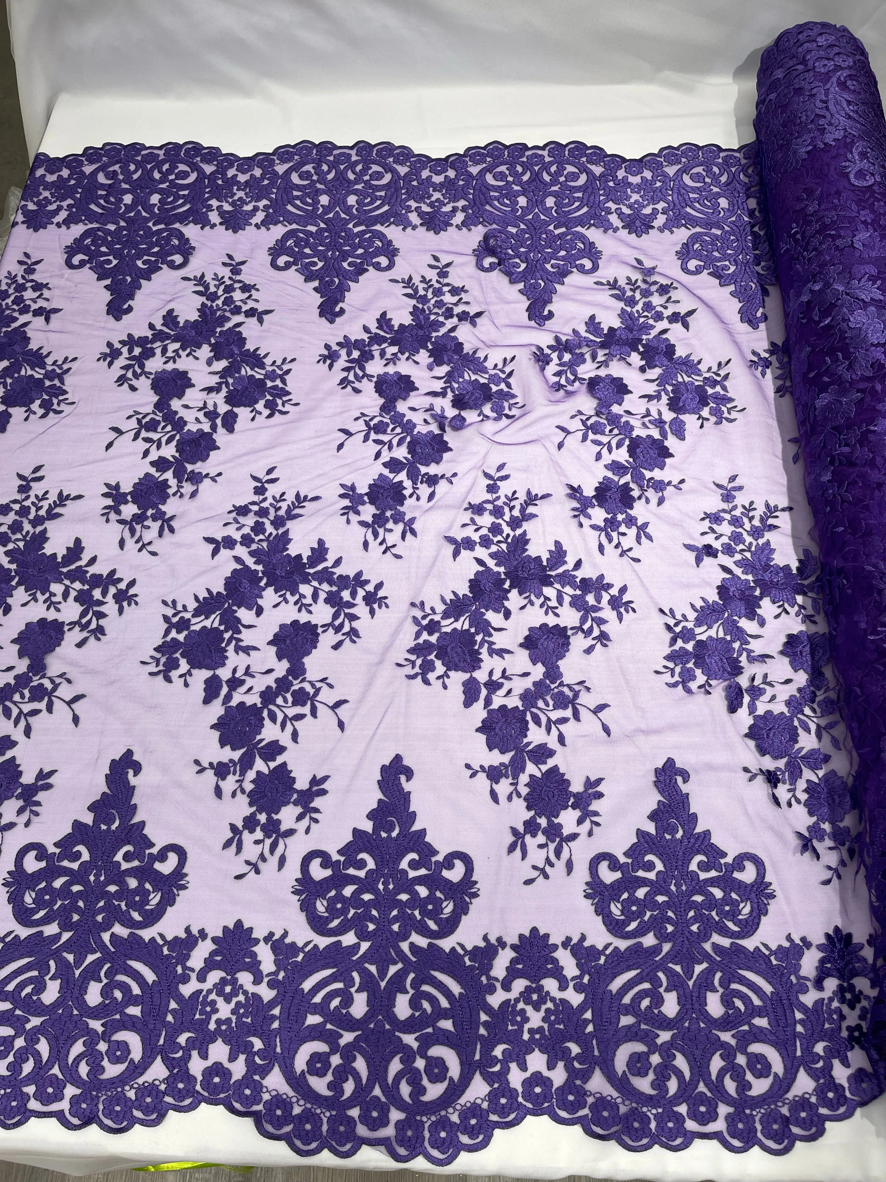 Purple Bridal Lace - By The Yard - Floral Damask Design Embroidered on Mesh Lace Fabric