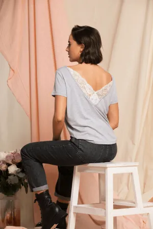 "The Marykate" - Lace Back Detail V-neck T-shirt (Grey)