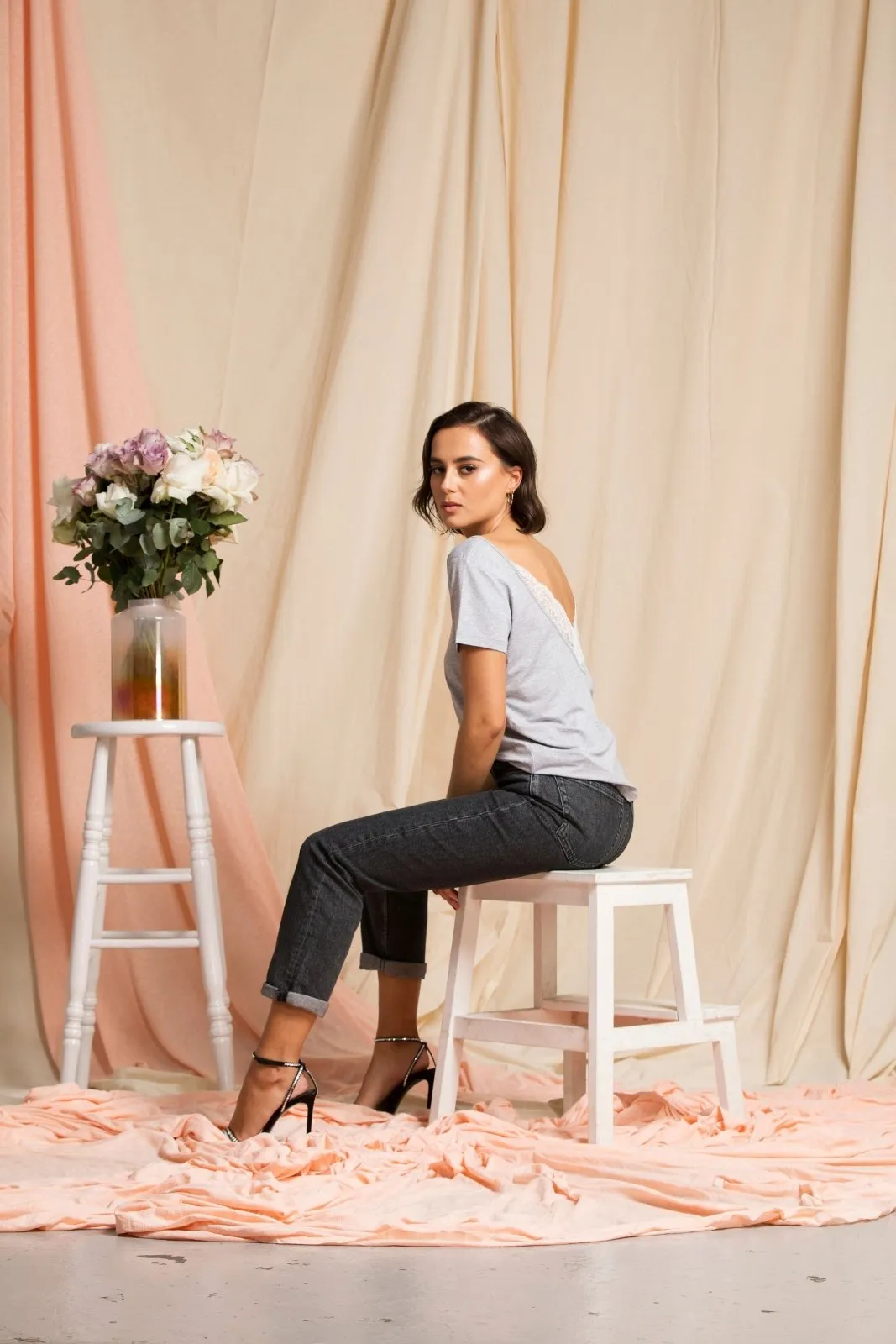 "The Marykate" - Lace Back Detail V-neck T-shirt (Grey)