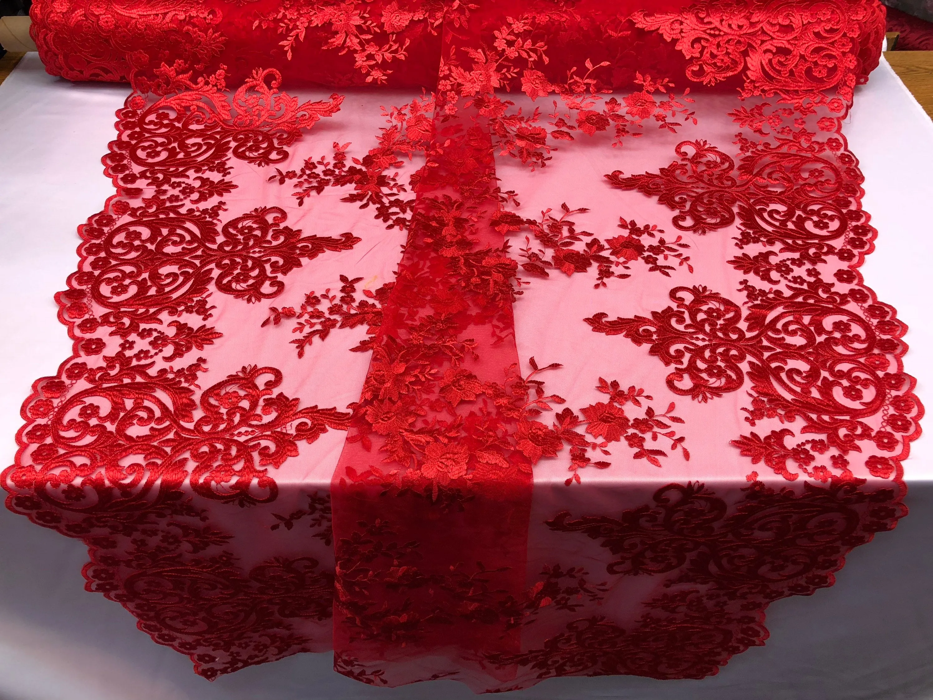 Red Damask Design Embroidered on Mesh Lace Fabric, Floral Bridal Lace Wedding Dress by the Yard (Pick a Size)