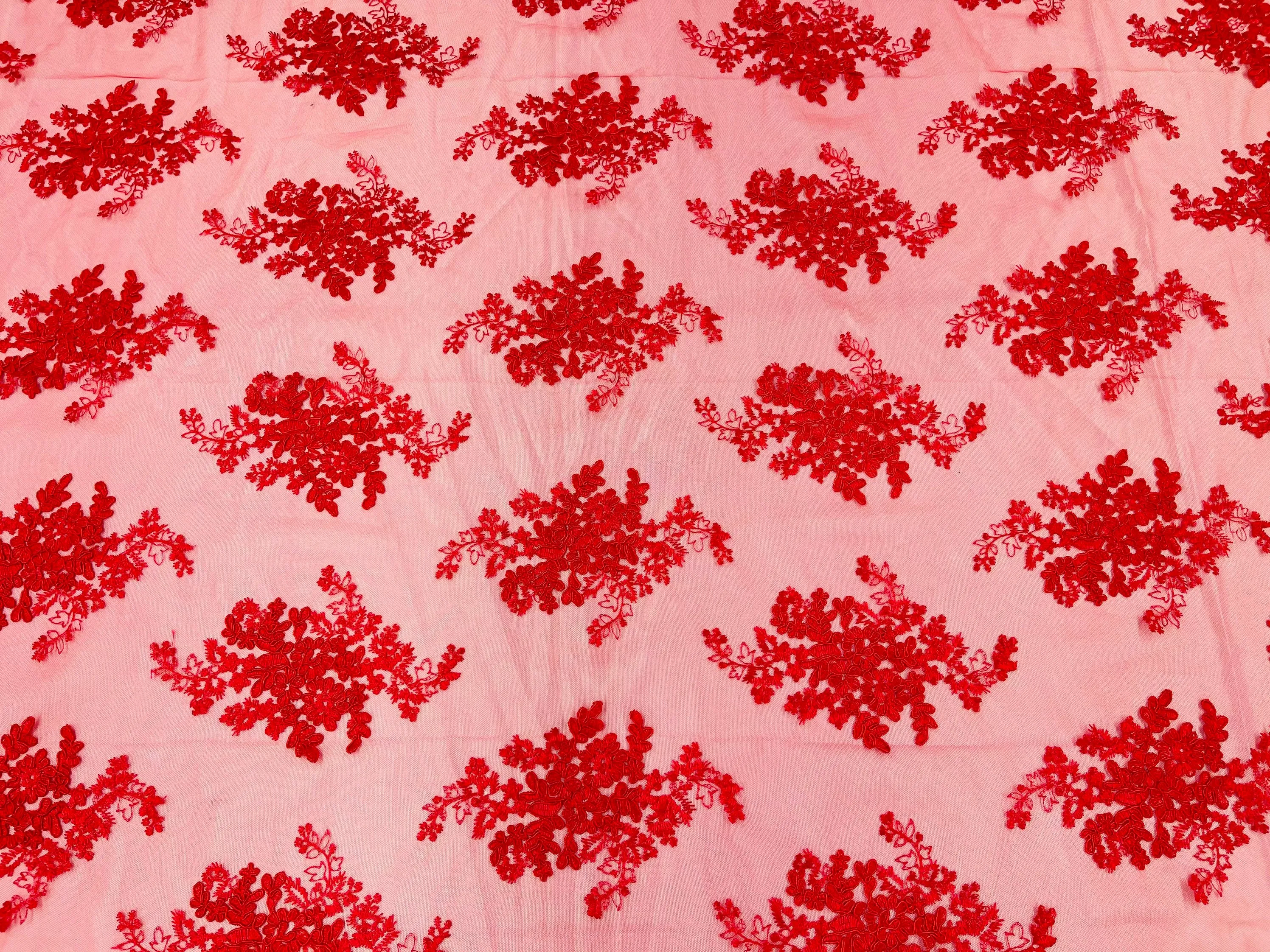 Red Floral Lace Fabric, Embroidery on a Mesh Lace Fabric By The Yard For Gown, Wedding-Bridal-Dress