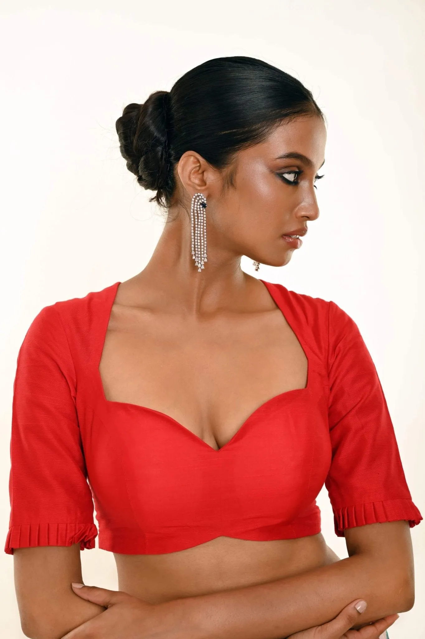 Red Half Sleeves Blouse in Sweetheart Neckline With Round Back Closer