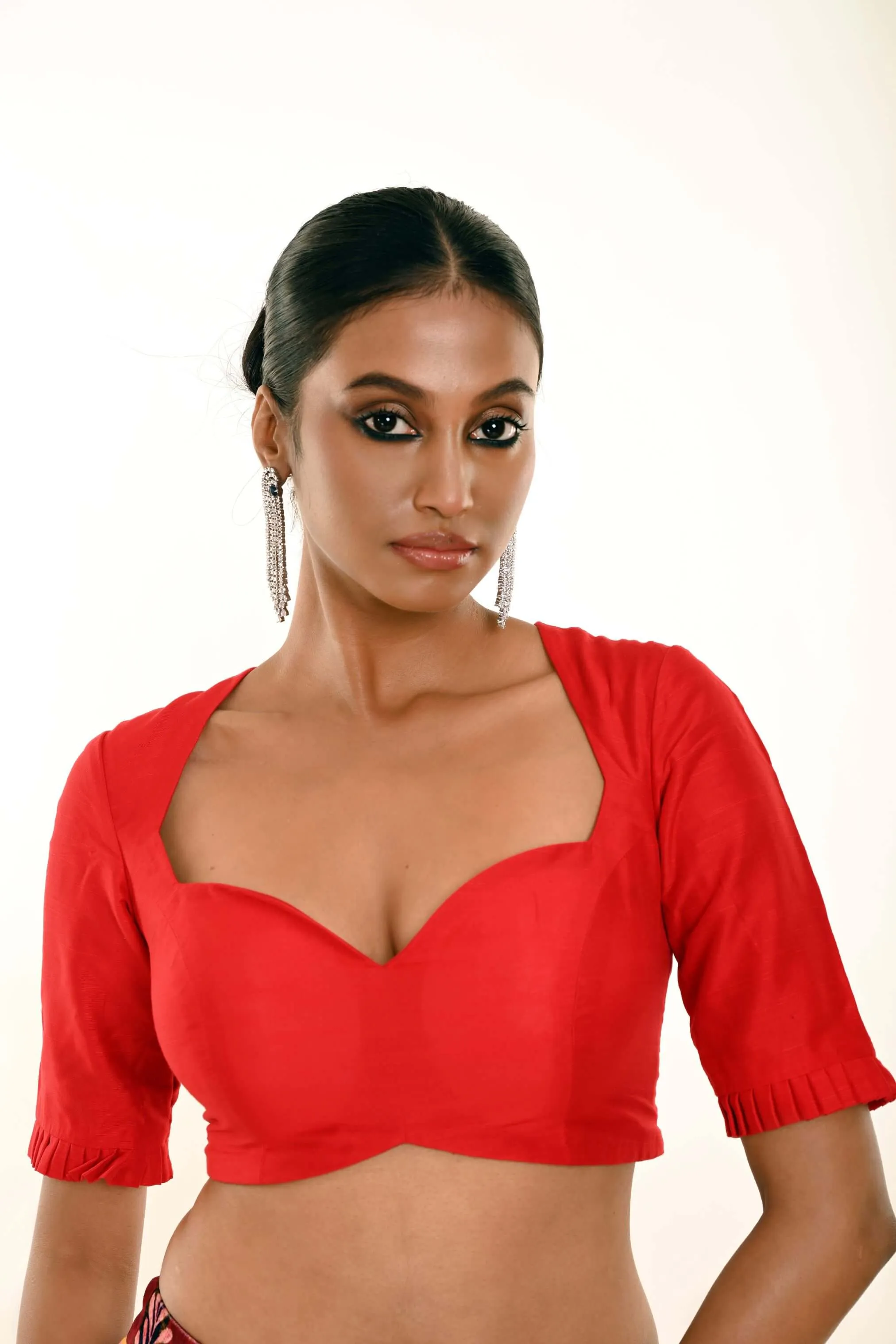 Red Half Sleeves Blouse in Sweetheart Neckline With Round Back Closer