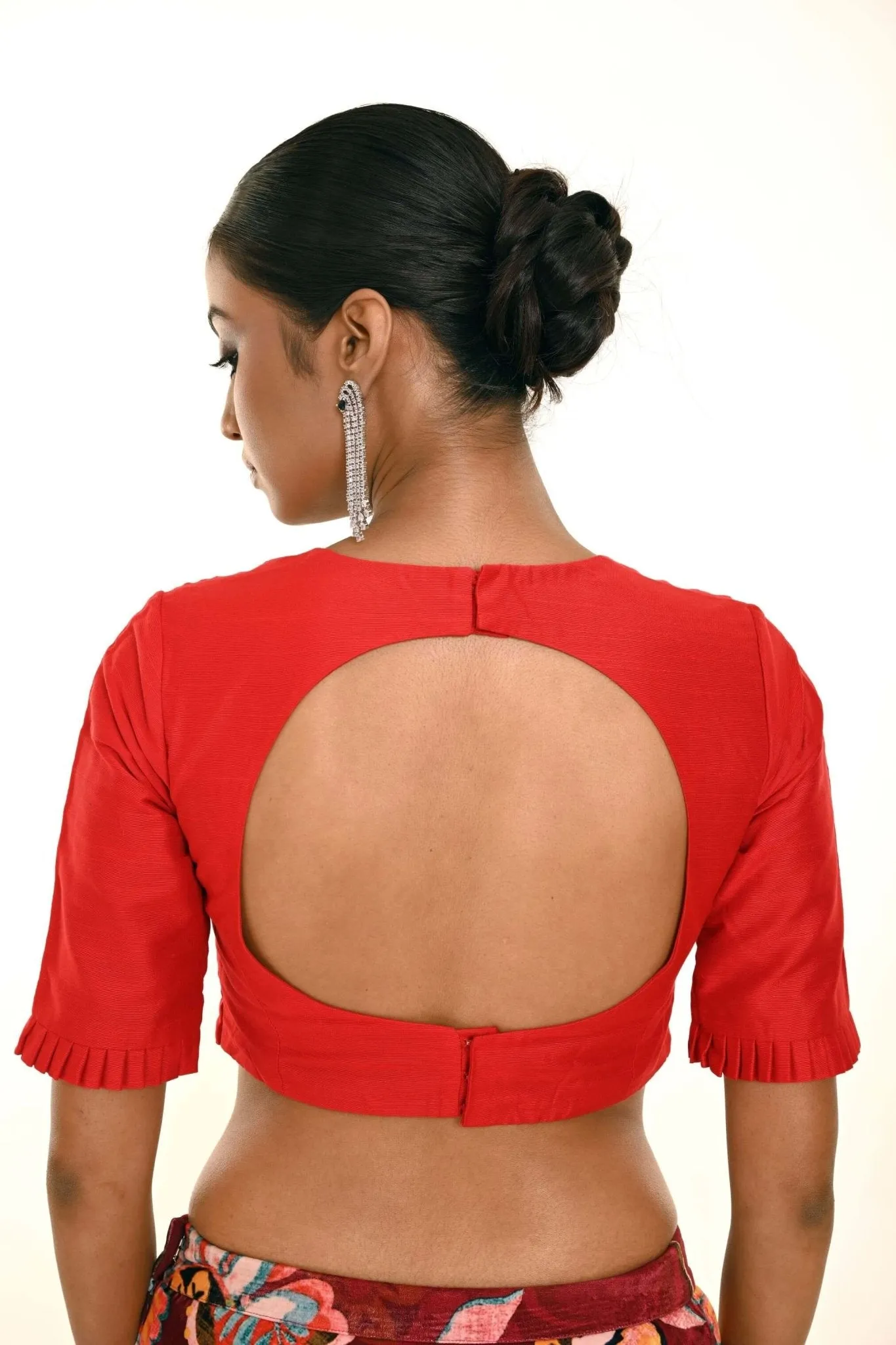 Red Half Sleeves Blouse in Sweetheart Neckline With Round Back Closer