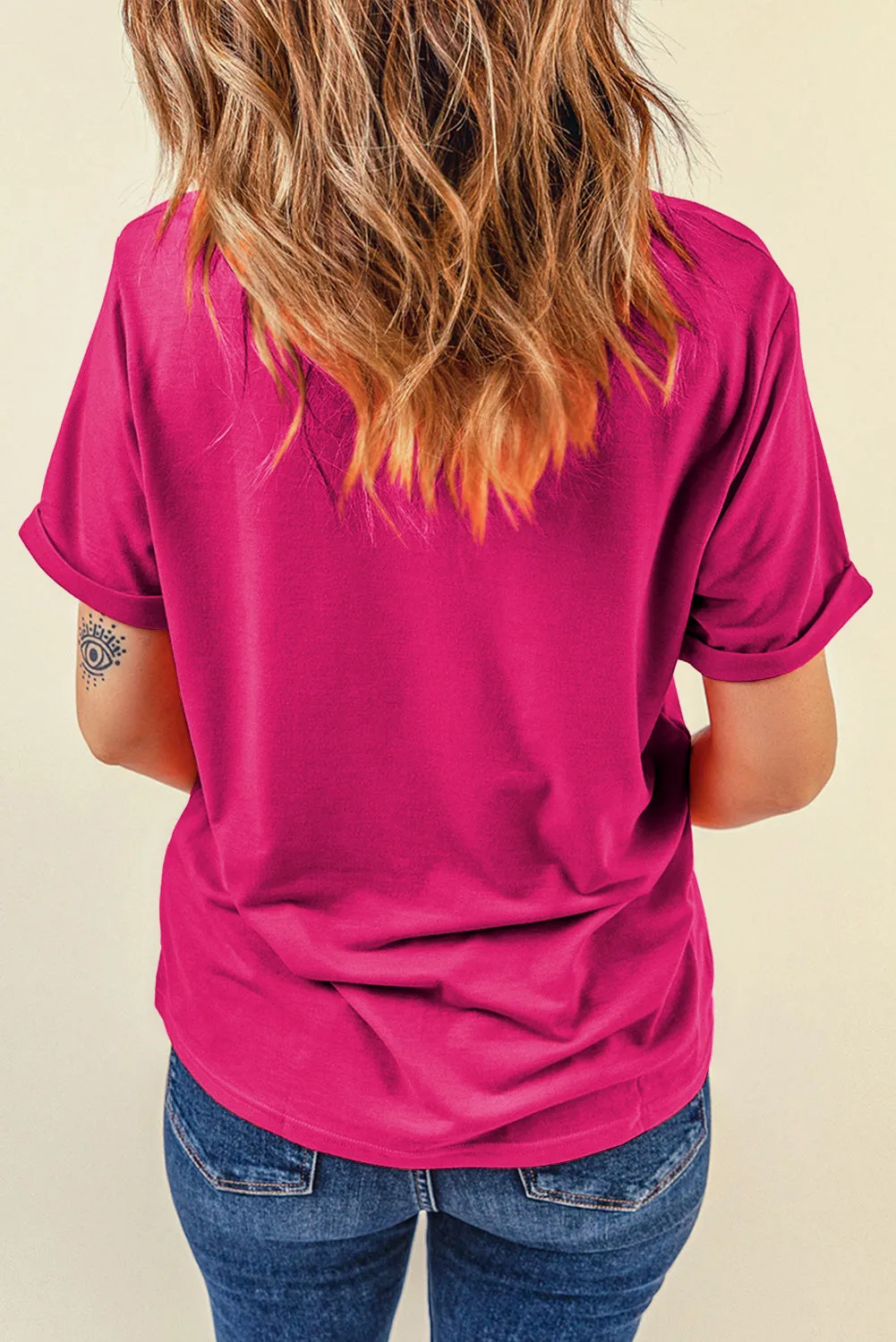 Rose Red Casual Plain Crew Neck Tee