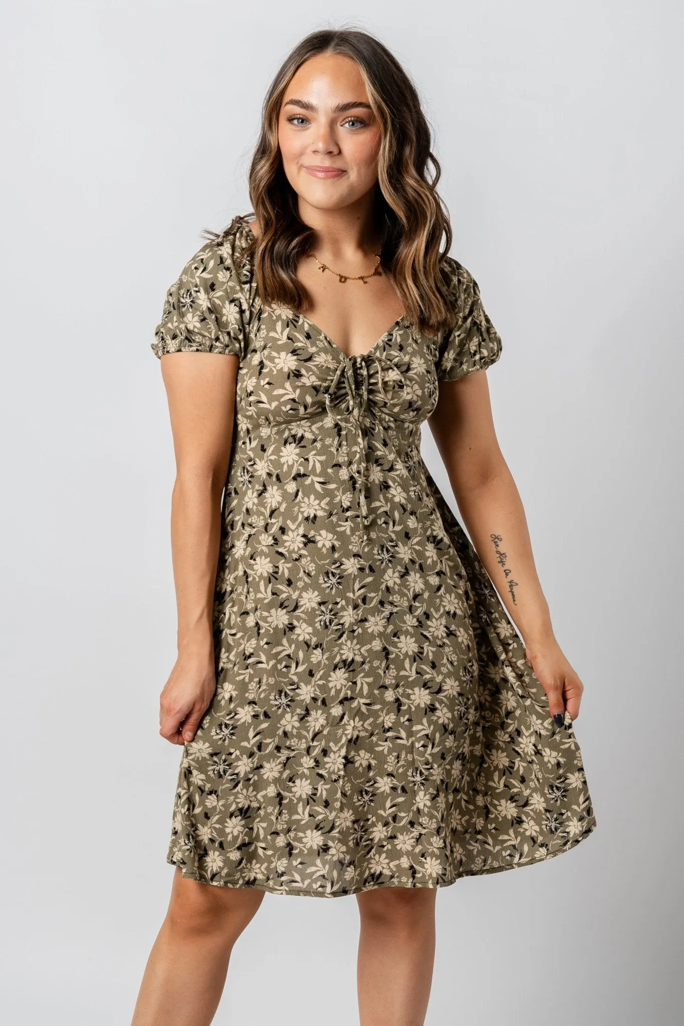 Ruched floral midi dress olive